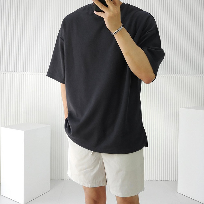 로니제이 남자 오버핏 레이어드 반팔티 특양면 트임 무지 반팔 티셔츠