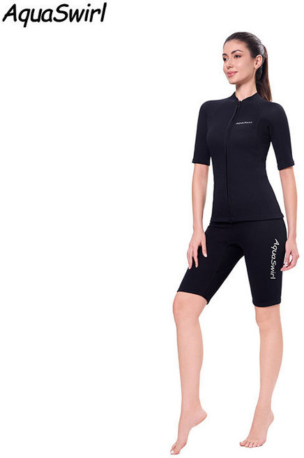 2mm 네오프렌 반팔 웻슈트 스노클링 프리다이빙 서핑 수영용 다이빙슈트, 블랙 여성용 두 조각 세트