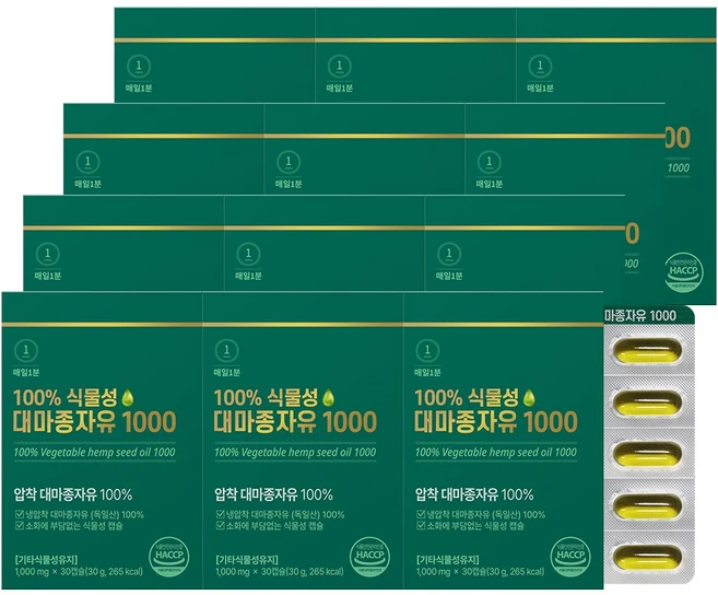 매일1분 100% 식물성 냉압착 대마종자유 식약처인증 1000, 12개, 30정 - 쿠팡