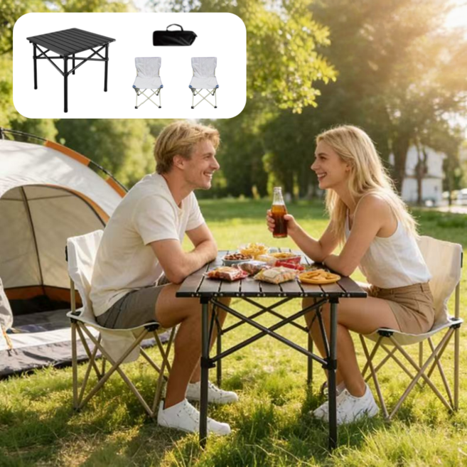 아웃도어 미니 초경량 테이블 의자 + 가방세트 테라스테이블 의자 세트 롤테이블 의자 2인용 세트, 블랙