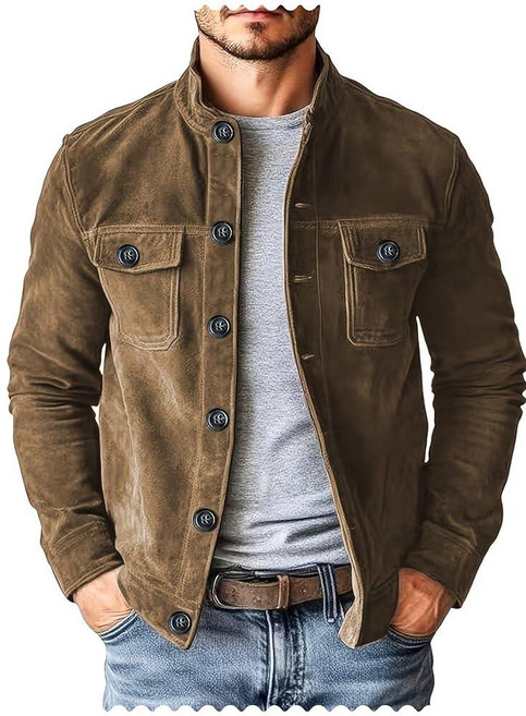 Vatwib Men's Vintage Trucker Suede Leather Jacket for Men Casual Western Blazer Shirt Style Coat J