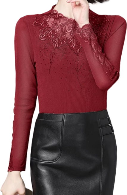 여성 나뭇잎 망사 긴팔 슬림 라틴 사교 라인 댄스복 상의 연습복 왈츠 스포츠댄스복, 와인 레드, 4XL