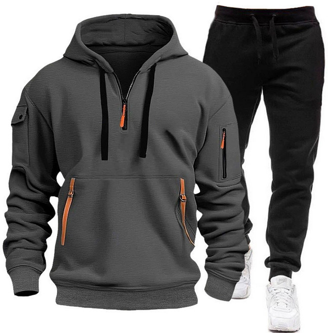 남성 캐주얼 지퍼 포켓 후드티 세트 대형 풀오버 후드티 실용적 일상 운동복 트레이닝