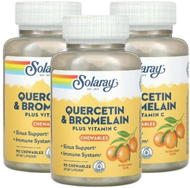 솔라레이 퀘르세톨 퀘르 세틴 브로멜라인 퀘세틴 90츄어블3통 비타민C 함유 노스릴리브, 3개, 90정 - 쿠팡