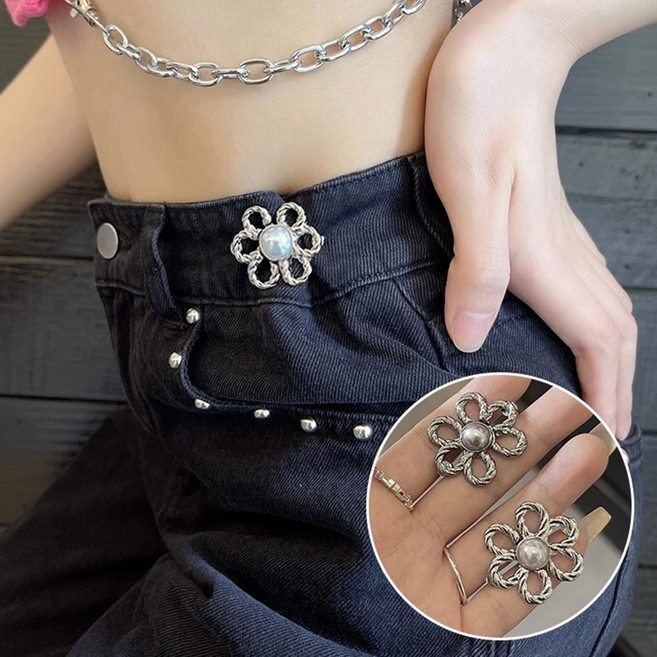 2/4구성 꽃 단추 바지 허리 줄이기 요술 단추 늘리기 매직 후크 조절 고리, 실버, 4개
