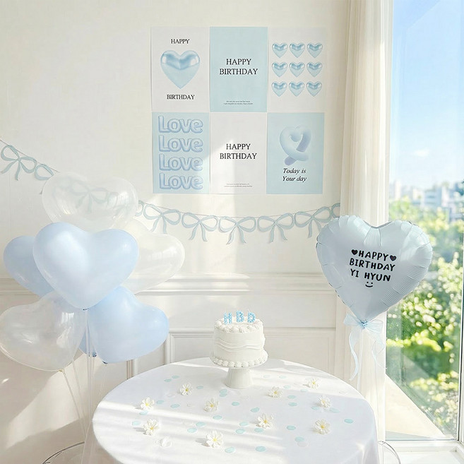 로나파티 생일 파티 용품 레터링 풍선 장식 세트 포스터 가랜드 소품 스카이, 생일 파티 화이트 스카이 9종, 1개