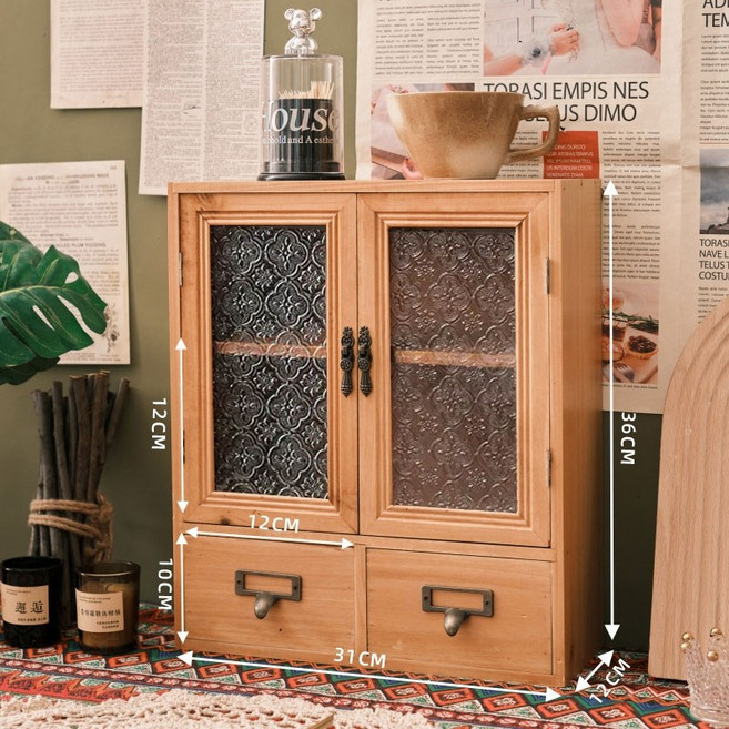 일공이오마켓 원목미니진열장 원목진열장 장식장가구 원목3단진열장 화분진열대 원목수납장, 우드패턴유리양문(서랍2)