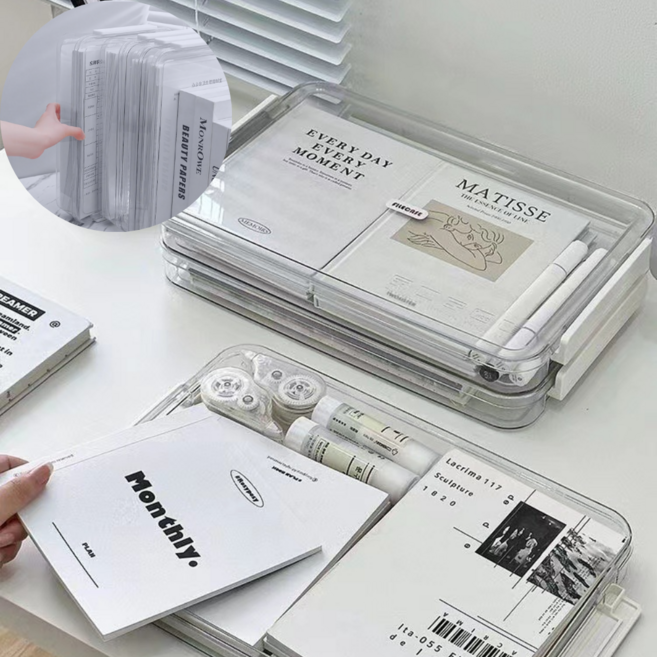 앰버리 휴대성 좋은 A4 문서 파일 박스 시험지 소품 계약서 서류보관함 2p, 2단, 투명