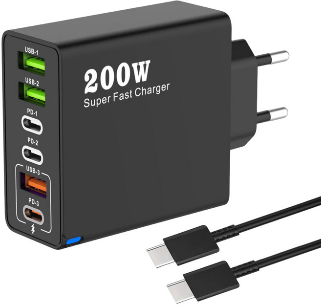 6in1 c타입 고속 충전기 200W 3USB+3PD3.0 + C TO C 1M 100w 케이블 세트, 1세트, 블랙