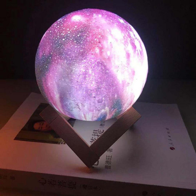 JWJJ 3D月球燈，16色遙控觸控LED, 12CM星空球 充電款七彩色觸控拍拍木架