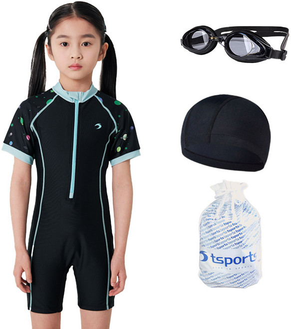 TS스포츠 여아 3부 생존수영 국내제작 수영복 세트 반팔 상의