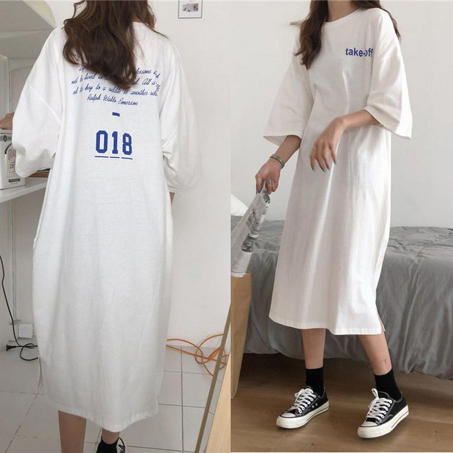 베씨 여성 박스 TAKE OFF 반팔 롱티셔츠 원피스 여자