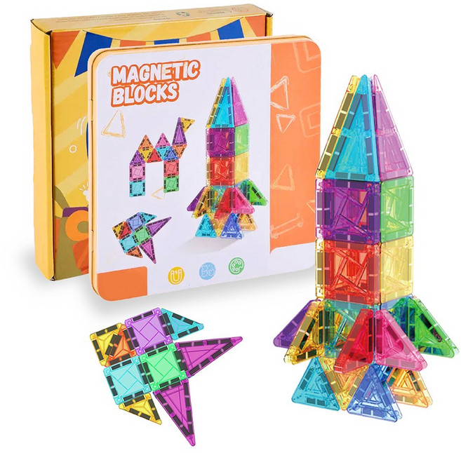 강력한 자석블럭 미니 자석놀이 장난감 60피스 휴대용 케이스 포함, 무지개색, 1세트