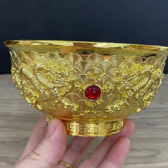 金色寶石 乾隆年制 鎏金浮雕琺金碗 雙龍戲珠銅碗 家居擺件 絲琺琅金碗 仿古大清乾隆年制雙龍碗 景泰藍, 1個, 金色