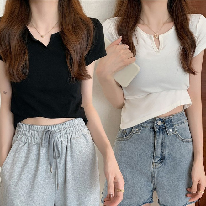 주디앤 여성 슬릿 세미 크롭 슬림 반팔 티셔츠 2P