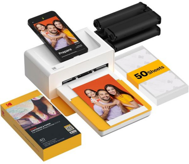 KODAK 도크 플러스 4x6 포토 프린터 아이폰 및 안드로이드용 10매 도킹 및 블루투스 스마트폰 프린터 즉석 컬러 인쇄 4PASS 염료 승화, 프린터 + 50장