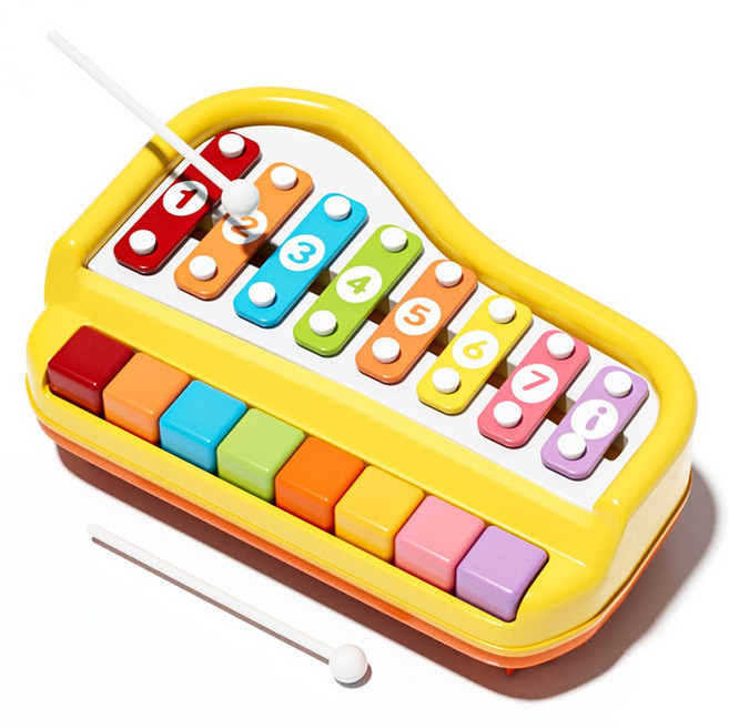 兒童音樂玩具琴，8音階敲擊琴，附8張樂譜，尺寸31.5x21.5x10cm, 黃色敲琴,手敲棒,贈樂譜, 1個