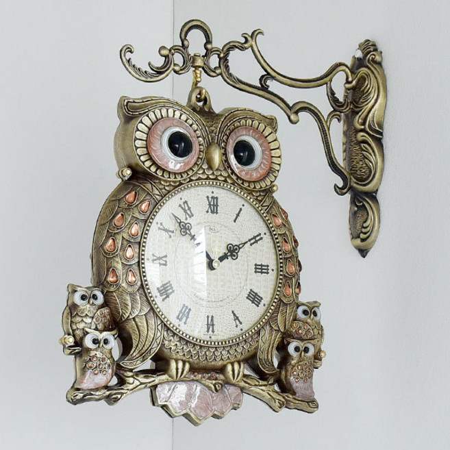 로얄타임 드롭 엔틱 부엉이 양면 벽시계, 골드