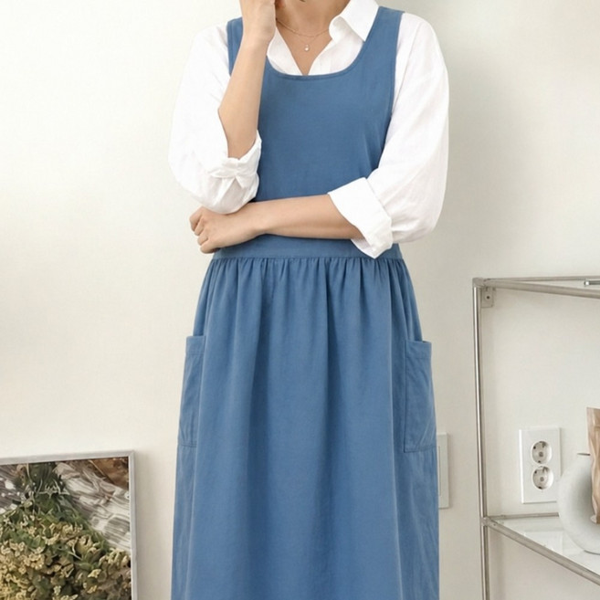 엣모스트 북유럽 린넨 원피스 주방 예쁜 앞치마, 1개, 블루