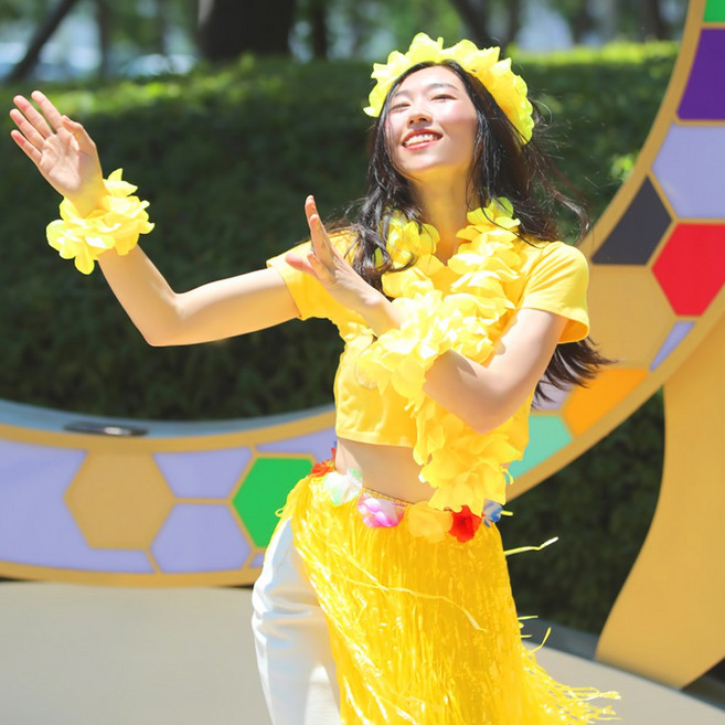 하와이안 4종 세트 (옐로우) 훌라스커트 목걸이 화관 팔찌, 단품, 단품