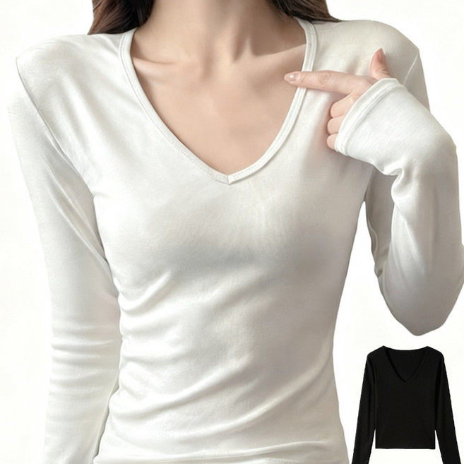 여성 텐셜 봄 가을 슬림핏 브이넥 긴팔 티셔츠1+1