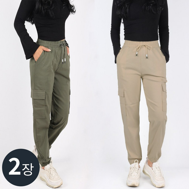 1+1 C여성면스판조거팬츠 여자 여성 카고 조거 밴딩 포켓 스판 코튼 나일론 데일리 팬츠 빅사이즈 단체