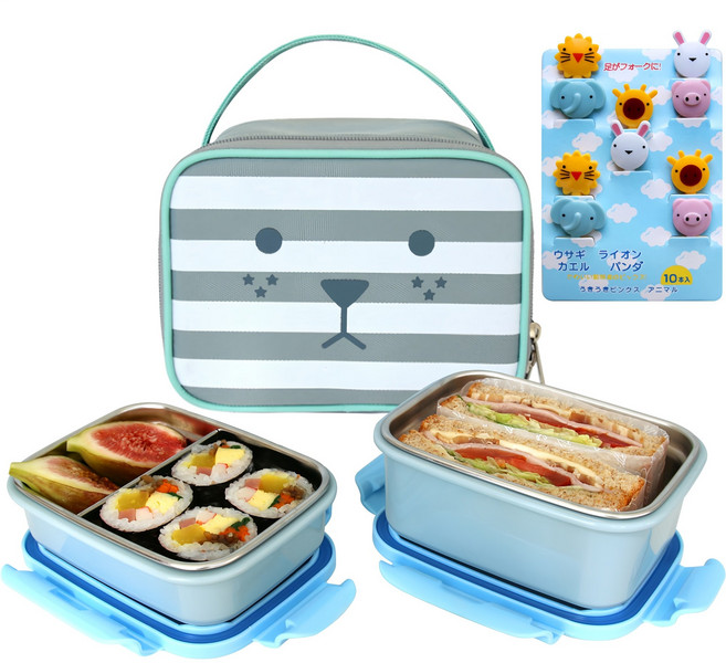 롤리몬 도시락 픽 + 2단 이중 스텐 도시락 + 가방 세트, 블루, 1세트