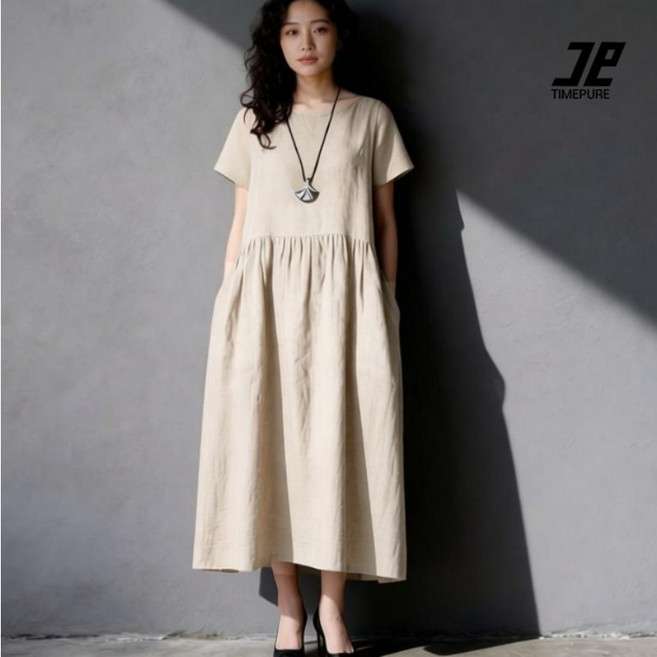 2026 여성용 봄 여름 통기성 나염 A라인 마 소재 데일리 룽 원피스 캐주얼 데이트 드레스