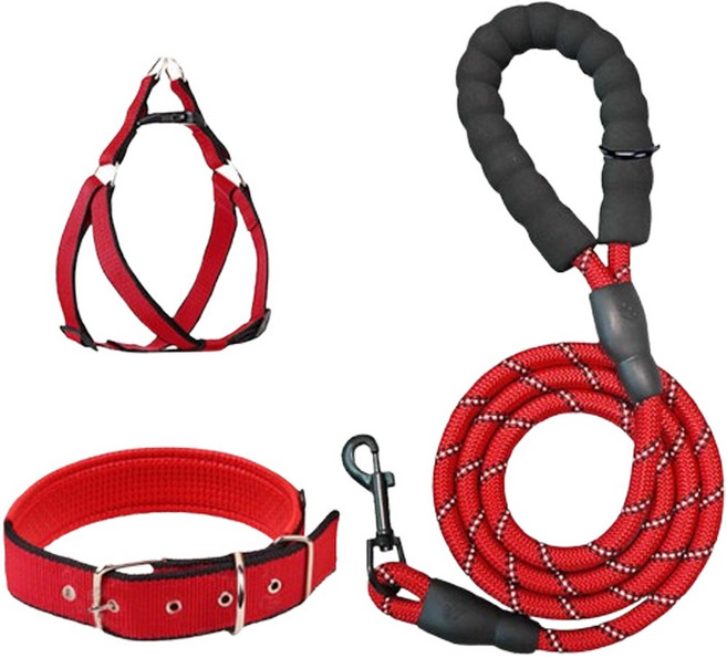 LEOQ 튼튼한 강아지 목줄 리드줄 하네스 세트, 레드
