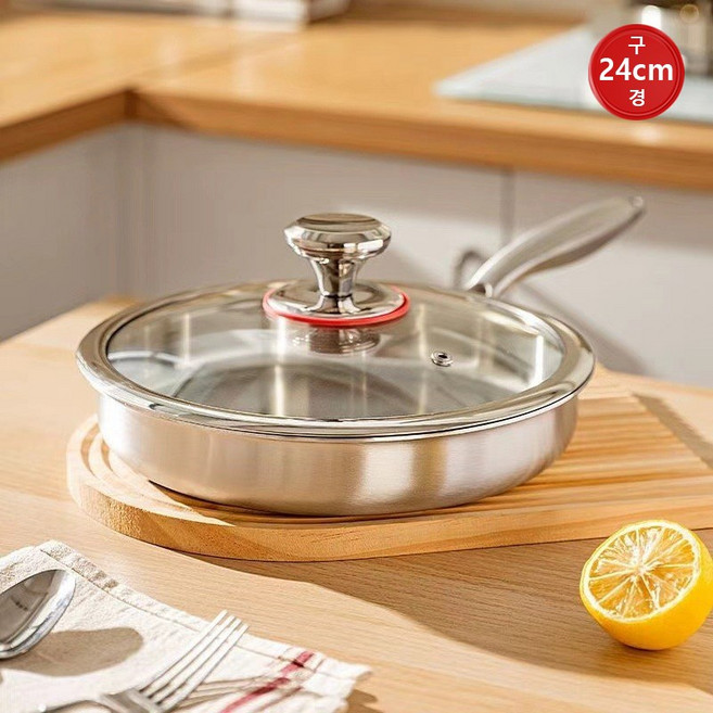 ZOZOFO 316스텐 후라이팬 연마제 무첨가 스테인레스 프라이팬+유리뚜껑 세트 인덕션겸용, 1개, 24cm