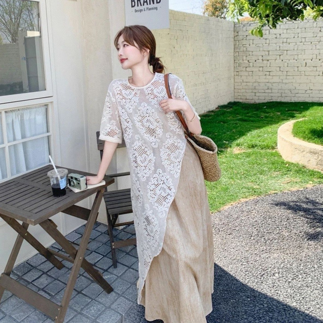 여성 레이어드 레이스 원피스 캐주얼 시스루 민소매 나시 펀칭 원피스 기질 레이스 롱 나시 원피스 CY