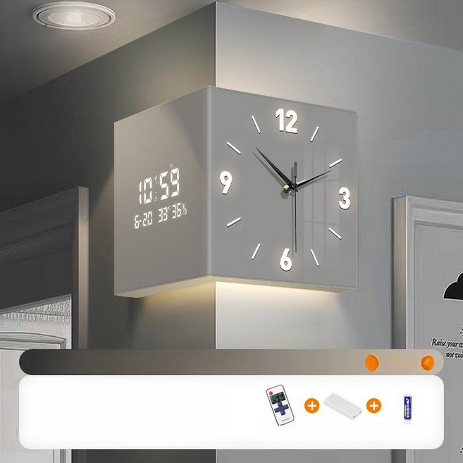 홈카페완성 거실 사각지대 없는 코너형 양면 시계 벽걸이 무소음 포인트, 조명있는 순백색 전자시계 충전형 + 리모컨, 12inch