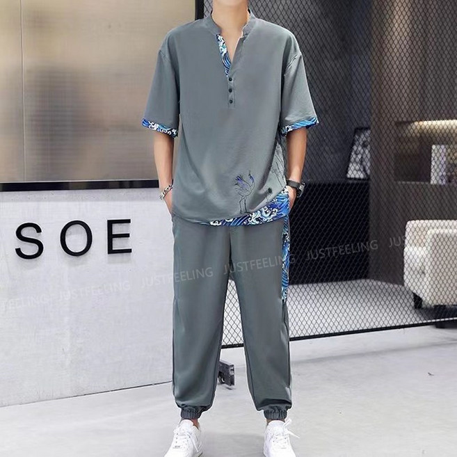 JUSTFEELING M-4XL 빅사이즈 남성 운동복세트 개량 생활한복 루즈핏 배색라인 캐주얼 편한 스포츠 편한 상하투피스