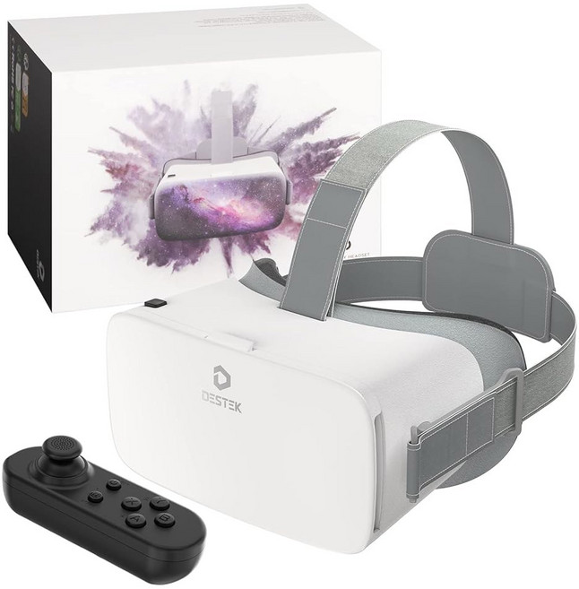 컨트롤러가 있는 휴대폰용 DESTEK V5 VR 헤드셋 안티 블루 아이즈 프로텍티드 HD 렌즈 110 FOV 가상 현실 헤드셋 고글 iPhone17/16/15/14/13/12, White, 흰색