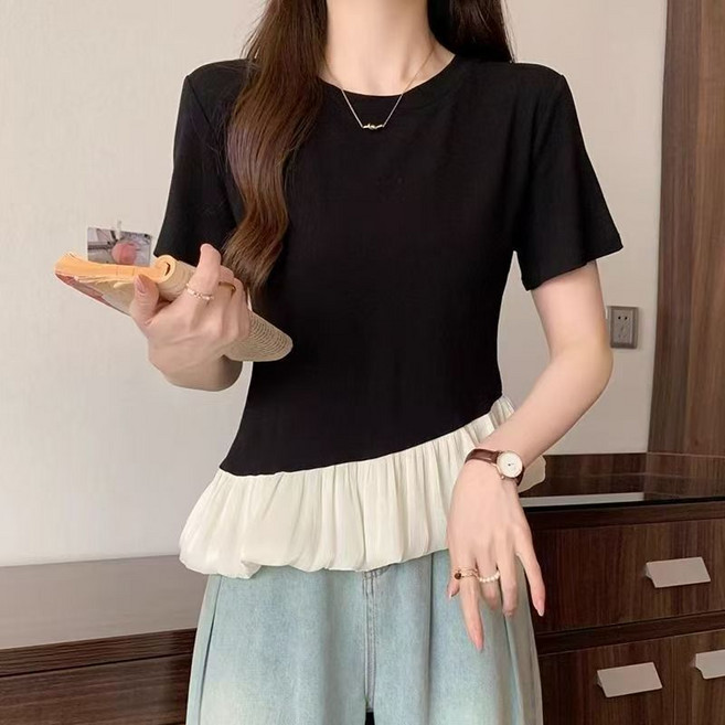 SELEAD 여성 프릴 반팔 여름티셔츠 빈티지티셔츠 비대칭 블랙반팔 스트레치 원단 반팔티