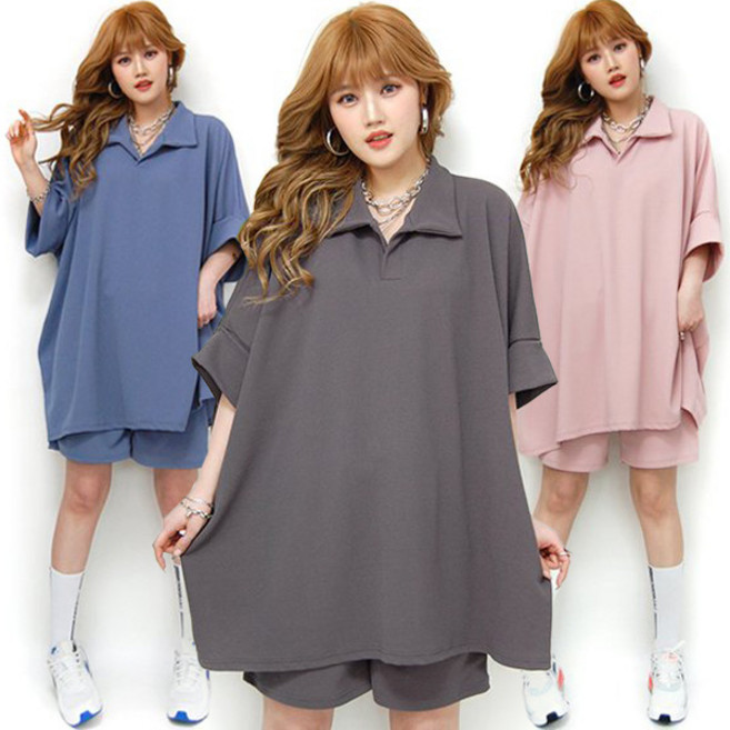 마이쏭 남여공용 빅사이즈 루즈핏 상하세트 오버핏카라롤업반바지세트