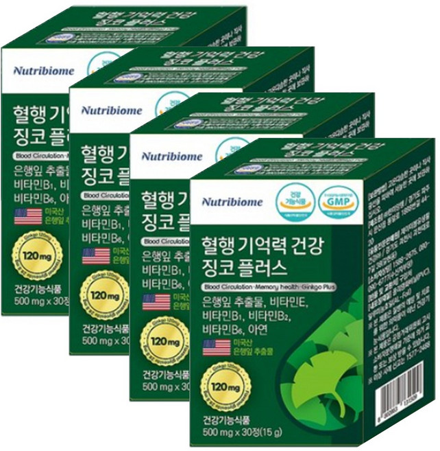 뉴트리바이옴 징코 플러스 기억력 개선 / 혈행 개선에 도움을 줄수 있음 / 혈액 생성이 필요한 영양제 은행잎추출물 비타민E 비타민B6 엽산 아연, 30정, 4개
