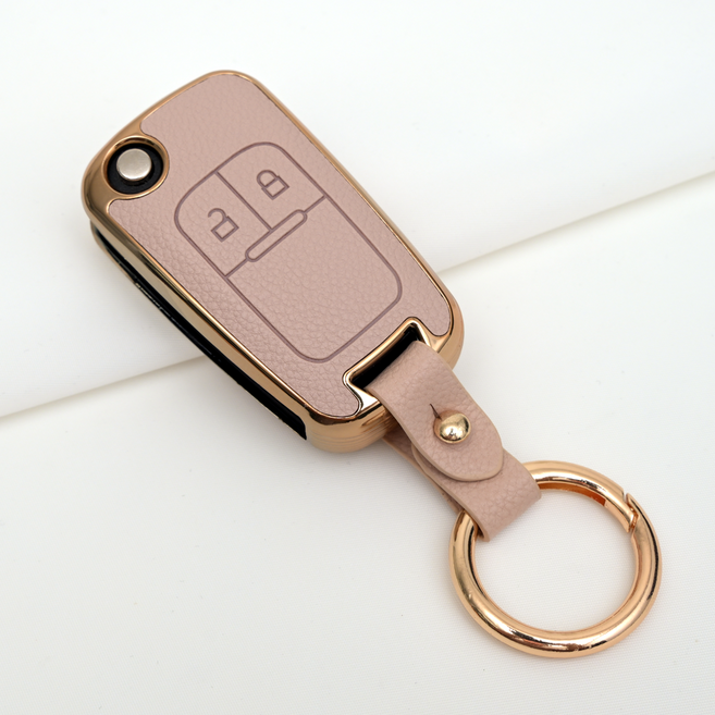 쉐보레 아베오 트랙스 라세티 크루즈 말리부 호환 TPU 프리미엄 가죽 자동차 스마트 키 케이스 키홀더, 2버튼TL01, 아이보리골드