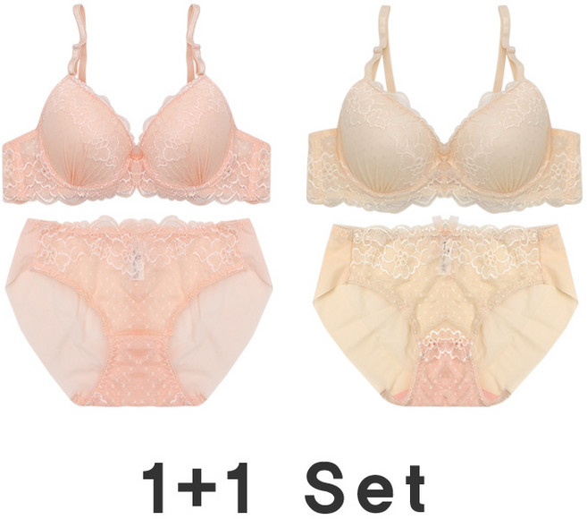 1+1 핑크룩 레이스 와이어 러브어페어 브라팬티 세트
