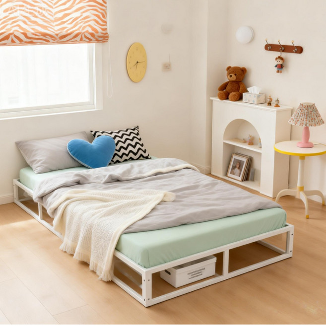 JSUSUJ 철제 침대 프레임 심플 모던 원룸 간편조립 무헤드 매트리스 받침대 바닥 깔판 QUEEN/SINGLE, 흰색-white