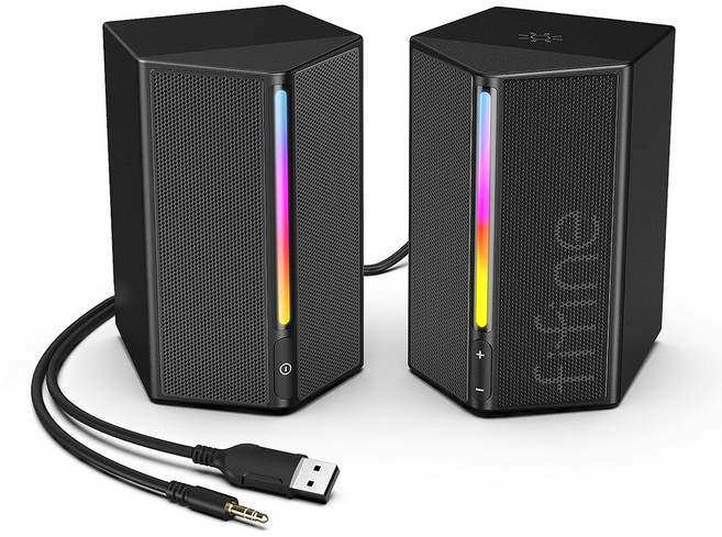 피파인 2채널 스테레오 레인보우 RGB PC용 유선 컴퓨터 스피커 컴팩트 탁상 북쉘프형 볼륨 조절 가능 게이밍용 모니터용 휴대폰용 태블릿용 TV용 A20, 검정