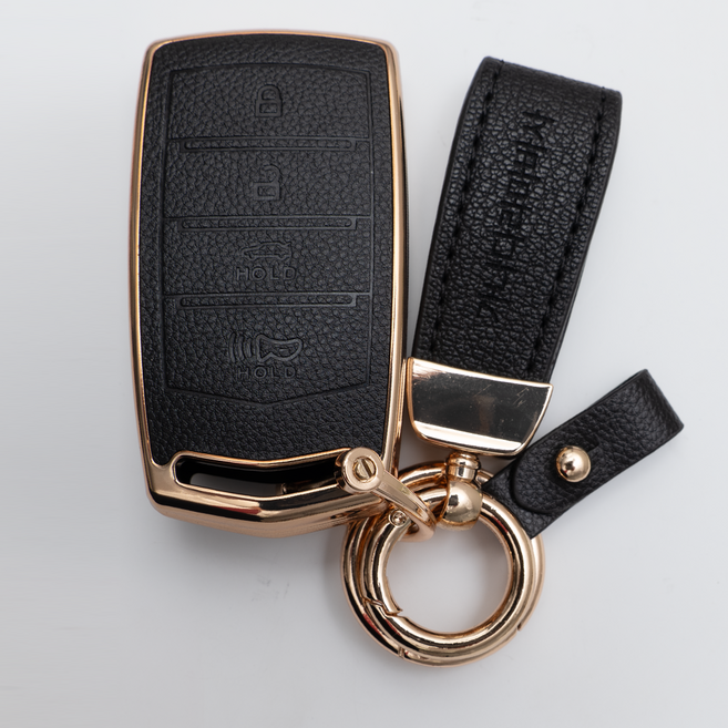 양면각인 제네시스 호환 G70 G80 G90 EQ900 리모컨 가죽 차키케이스 커버 스마트 4버튼 키홀더 스트랩, KH17_TL59, 블랙골드