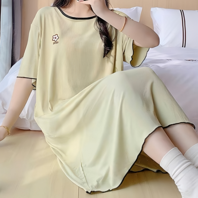 Makone 여성 라운드넥 모달 소프트 잠옷 원피스 투톤패치 플라워 프린트 캐주얼 루즈핏 홈웨어