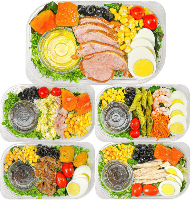 [한끼그린]5팩 고단백 샐러드 식단 총1.52kg(우삼겹+훈제오리+닭가슴살 샐러드I+에그마요+새우바질), 1개, 1.52kg