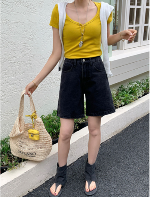 체인지쉬(change she) 여성 하이웨스트 데님 A라인 5부 팬츠