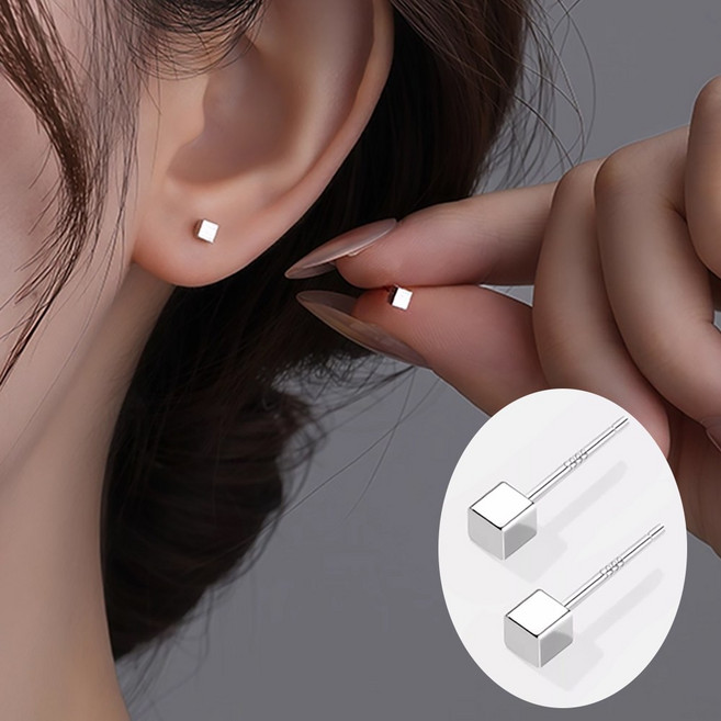 [바이베이직] 입체스퀘어 귀걸이 1쌍 2mm 미니 사각 99.9% S999 Silver earring 순은 피부안심 무알러지 주사위 전체은