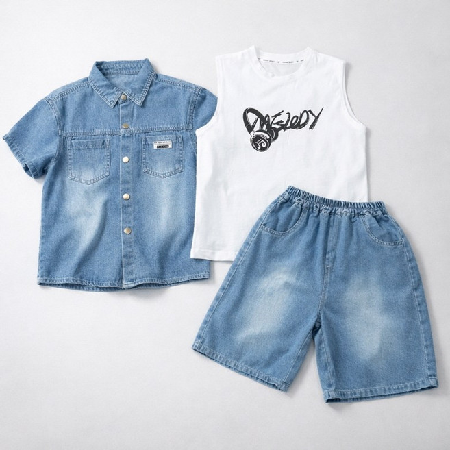 지디오 주니어 남아 데님 쓰리피스 반팔 셔츠 민소매 티셔츠 청 반바지 상하복 세트 여름 아동복