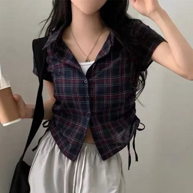 쪼예 옆셔링 빈티지 체크 크롭 스트링 반팔 셔츠 남방