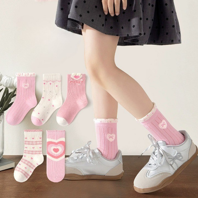 다온113 쫀쫀골지 핑크레이스 하트 공주 아동양말5켤레세트