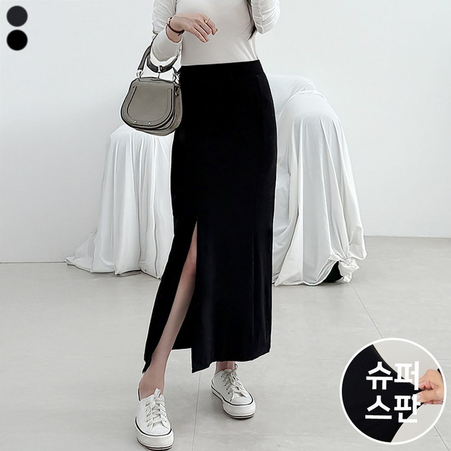 블레스유 여성용 앞트임 핀턱 스판 쫀쫀 롱 스커트 속치마 뒷지퍼 슬릿 밴딩 데일리룩 오피스룩